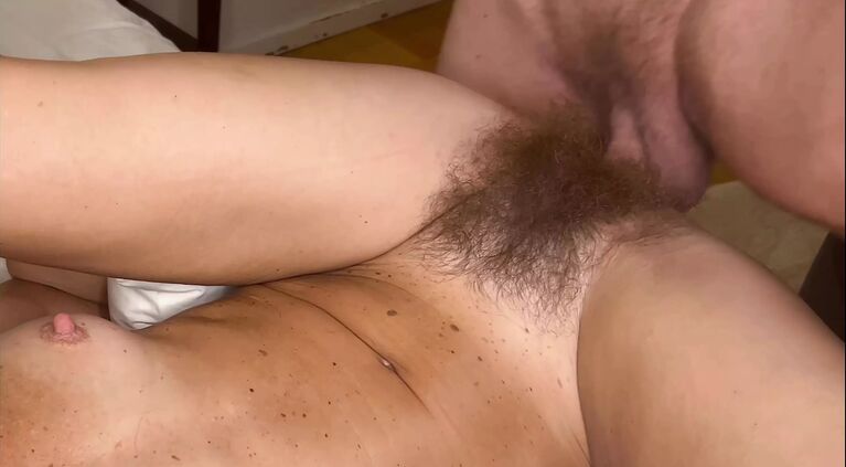 Super hairy slim MILF fuck and squirt
