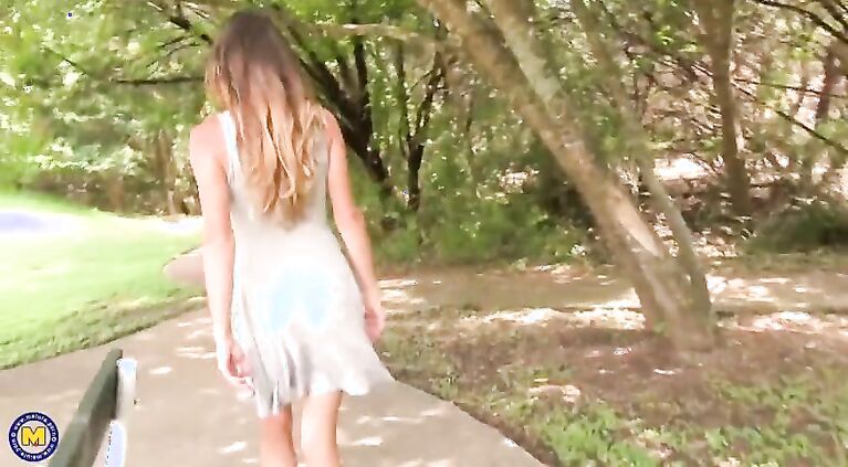 Skinny step mom fucks her very hairy pussy outdoor