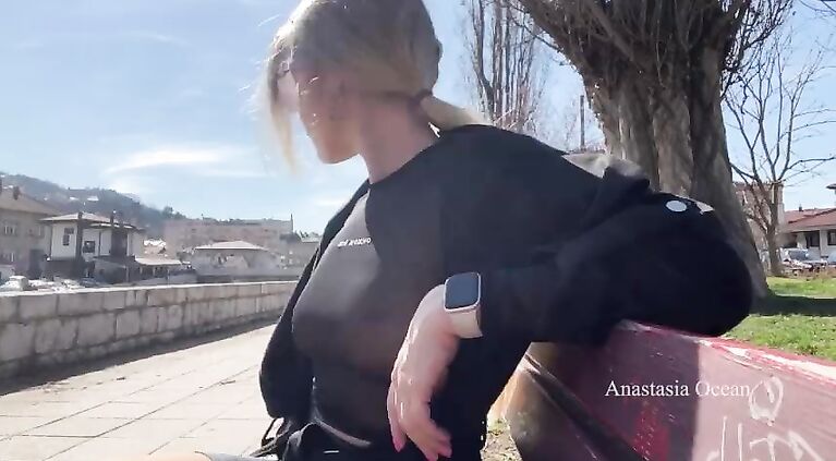 Public city walk in see-through top. Flashing tits to for passer-by to see.