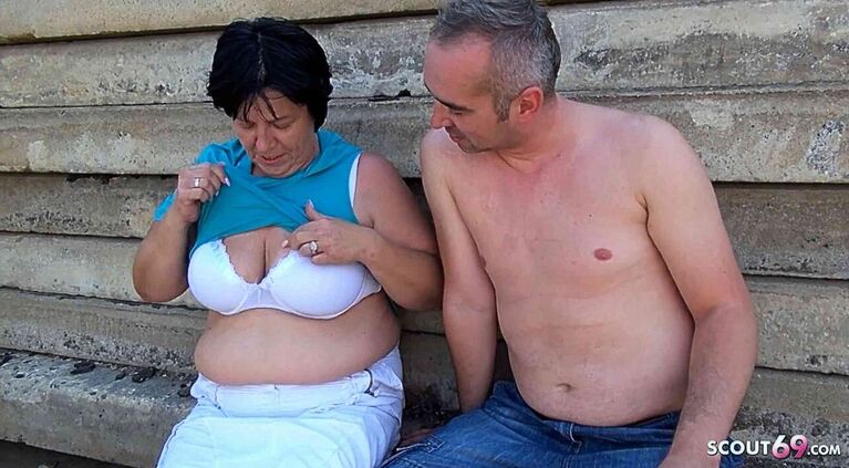 Stupid old and Ugly Granny with Saggy Tits get Public Sex with Young Stranger