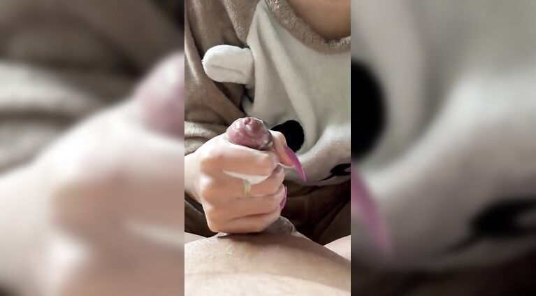Asian Stepsister strokes stepbrother's throbbing cock